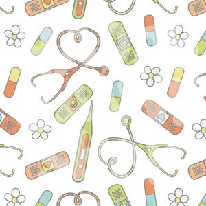 Medicinskt sömlöst mönster | Söt stetoskop och blommig digital nedladdning - orange och limegrönt 4-pack