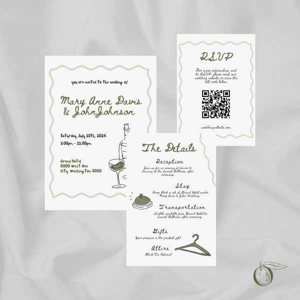 Hand Drawn Wedding Invitation Set Canva Template with QR Code, Playful & Minimal Editable Invite Suite Template w/ Invitation, Details, RSVP