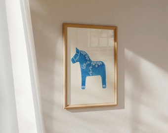 DOWNLOAD: Blue Dala Horse Print, Swedish Horse Print, Scandinavian Folk Art, Swedish Horse Art Print, Nordic Art, Woodland Swedish Folk Art