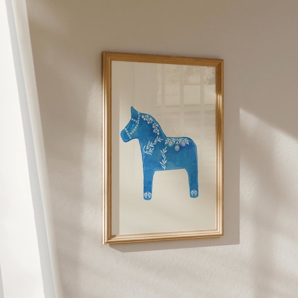 DOWNLOAD: Blue Dala Horse Print, Swedish Horse Print, Scandinavian Folk Art, Swedish Horse Art Print, Nordic Art, Woodland Swedish Folk Art