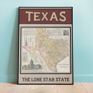 Póster de Texas, póster del estado de la estrella solitaria, póster del mapa de la ciudad de Texas, póster de viaje retro, arte mural nostálgico, decoración de estilo vintage, póster de la ciudad de Texas