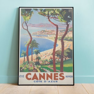 Póster de viaje vintage de Cannes Costa Azul, póster de viaje de Cannes, impresiones de la Riviera Francesa, arte mural nostálgico, decoración del hogar, arte mural, Giclée