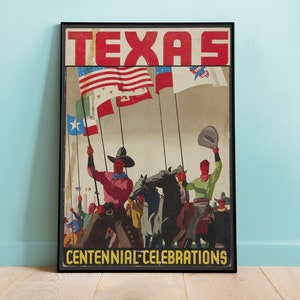 Manifesto della celebrazione del centenario del Texas, manifesti di viaggio retrò, arte murale nostalgica, decorazioni in stile vintage, manifesto della città del Texas