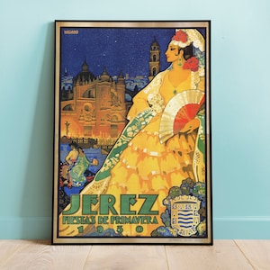 Pôster da Feira de Jerez de 1930, pôster vintage, pôsteres de viagem réplicas remasterizados digitalmente, arte de parede nostálgica, decoração vintage para casa