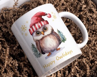 Happy Owlidays Owl Mug Christmas Mug Woodland Animals Owl Mug Happy Holidays Kids Hot Cocoa Mug Secret Santa Gift Xmas Mug For Her