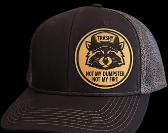 Trashy Trucker Hat, Leather Patch Snapback Dumpster Fire Baseball Cap