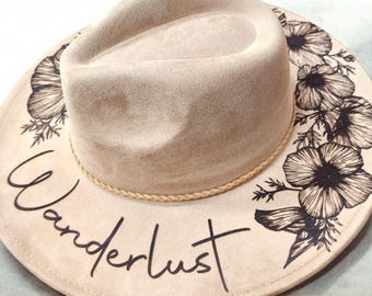 Wide Brim Suede Flat Brim Hat - Wanderlust - Decorated with California Poppies and Dragonflies