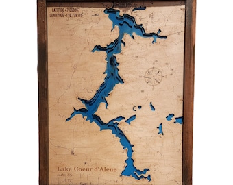 Personalized Lake Tahoe Wood Map, Layered Topographic Art