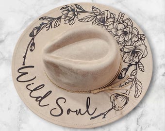 Engraved Suede Wide Brim Hat – Dogwood Flowers, Wild Soul