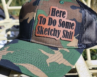 Leather Patch Trucker Hat – Camo Baseball Cap, Edgy Adventure Wear