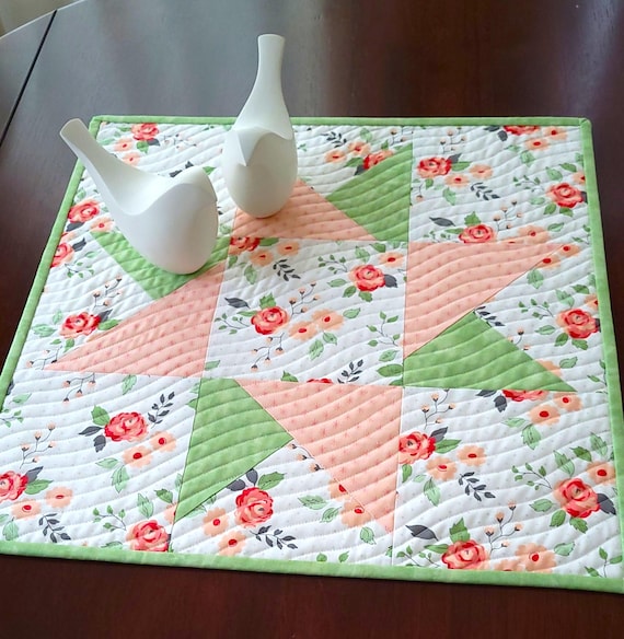 floral table topper, quilted table topper, Mother's Day gift, grandmother gift, pink floral decor, spring summer decor, bridal shower decor