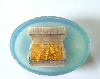 Pirate Treasure Chest Soap | Handmade Glycerin & Goat Milk Soap | Ocean Blue Soap Bar | Nautical Gift | Treasure Hunt Party Favor |Kids Soap