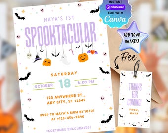 Plantilla de invitación para el primer cumpleaños espeluznante, primer Halloween para niñas, invitación para fiesta de disfraces de Halloween para niños