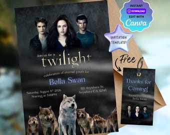 Plantilla de invitación de cumpleaños de la saga Crepúsculo: descarga digital editable, pintable y personalizable.