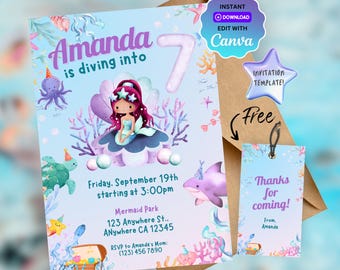 Plantilla de invitación para fiesta de cumpleaños de sirena para niñas, plantilla de invitación para fiesta de cumpleaños de sirena para niñas, fiesta de cumpleaños bajo el mar
