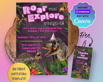 Invitación de cumpleaños de dinosaurio jurásico para niña, temática de T-Rex, cumpleaños infantil, fiesta de 4.º cumpleaños, invitación a fiesta de dinosaurios, plantilla editable de Canva.