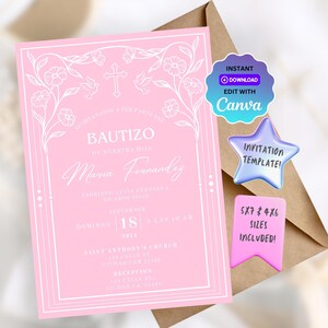 Girl Baptism Invitation Template, Invitación de Bautizo Niña Editable, Editable & Customizable, Instant Download, Printable Baptism Invite
