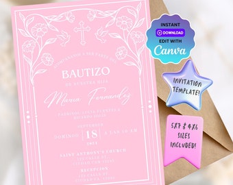 Plantilla de invitación de bautismo de niña, Invitación de Bautizo Niña editable, editable y personalizable, descarga instantánea, invitación de bautismo imprimible