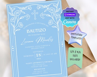Plantilla de invitación de bautismo de niño, Invitación de Bautizo Niño editable, editable y personalizable, descarga instantánea, invitación de bautismo imprimible