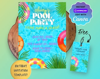 May include: A blue and yellow birthday party invitation template with a pool, palm trees, and inflatable rings. The text reads "Avery's Pool Party Come Make A Splash!" and includes the date, time, and address. The invitation also includes a "Thanks for Coming!" tag with a pool and palm tree design.