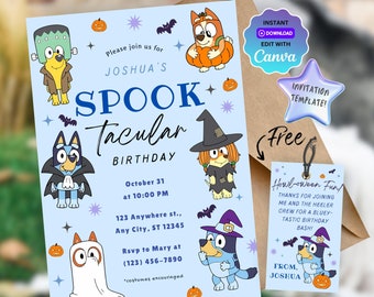 Plantilla de invitación para fiesta de cumpleaños de Halloween de Bluey, plantilla personalizable e imprimible, descarga instantánea, invitación de cumpleaños de Halloween de Bluey editable