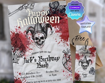Invitación de fiesta de Halloween aterradora, invitación de cumpleaños de Halloween imprimible para adultos, plantilla de invitación editable personalizable, descarga instantánea