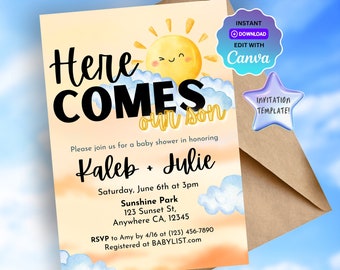 Aquí viene nuestra invitación de baby shower de hijo - Plantilla de invitación imprimible, Invitación de baby shower de sol - Plantilla editable, Descarga instantánea