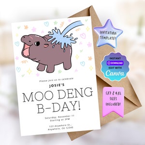 Moo Deng, Moo Deng Birthday Party Invitation Template, Baby Hippo Birthday Invitation, Customizable Printable Template, INSTANT DOWNLOAD