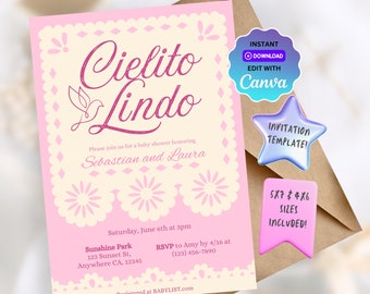Invitación para baby shower de Cielito Lindo para niña, baby shower mexicano, invitación para baby shower de papel picado, invitación editable, DESCARGA INSTANTÁNEA