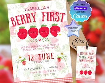 Plantilla personalizable de invitación a la primera fiesta de cumpleaños de Berry - Descarga instantánea, plantilla de invitación a la primera fiesta de cumpleaños de Berry, tema de Berry