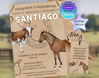 Plantilla de invitación de cumpleaños del oeste de Rancho Jaripeo imprimible: invitación rústica para fiesta de vaqueros, invitación de cumpleaños del oeste personalizable