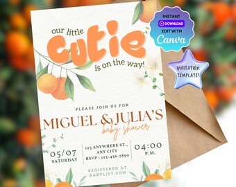 Oranje Citrus baby shower uitnodiging sjabloon- "Onze kleine schat is onderweg!" -Afdrukbare bewerkbare uitnodiging voor genderneutrale babyborrels