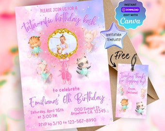 Plantilla de invitación de cumpleaños de bailarina personalizable para fiesta de niñas, plantilla de cumpleaños de bailarina de niñas, invitación de cumpleaños digital/editable