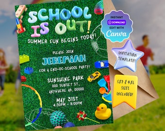 Plantilla editable de invitación para fiesta de fin de curso - Invitación digital de verano sin clases, imprimible.