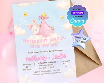 Plantilla de invitación de baby shower de conejito imprimible - Descarga instantánea, plantilla de invitación de baby shower de conejito de niña, invitación personalizada