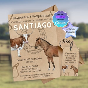Modelo de convite de aniversário ocidental Rancho Jaripeo para impressão - Convite para festa de cowboy rústico, convite de aniversário ocidental personalizável