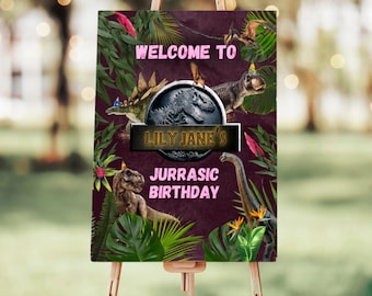 Plantilla de cartel de bienvenida para cumpleaños de niña con temática de dinosaurios de Jurassic Park, cartel para fiesta de dinosaurios para niñas, plantilla imprimible para decoración de fiestas de dinosaurios, DESCARGA INSTANTÁNEA