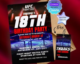Plantilla de invitación para fiesta de cumpleaños de la UFC, invitación para fiesta de cumpleaños de MMA y UFC Fight Night, fiesta de cumpleaños de boxeo, descarga instantánea