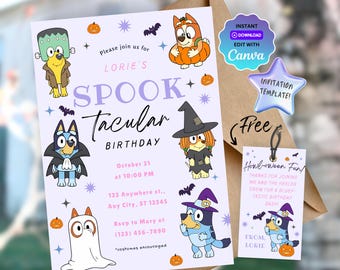 Plantilla de invitación para fiesta de Halloween de niña azul, personalizable, imprimible y de descarga instantánea, editable.