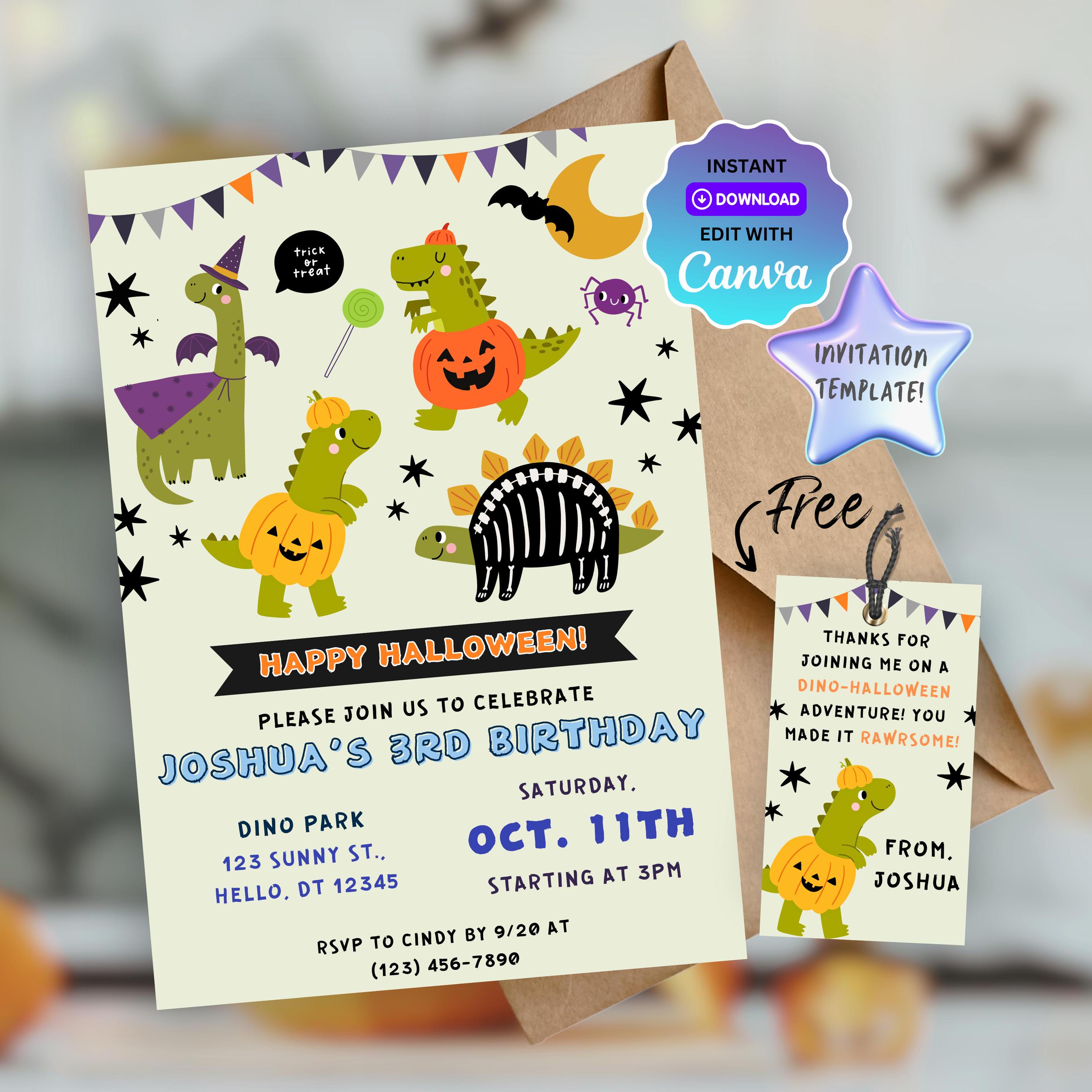 Halloween Dinosaur Birthday Invitation, Printable Editable Template ...