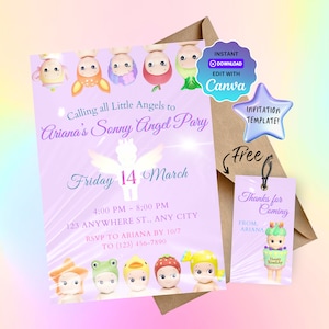 Modèle violet d'invitation d'anniversaire Sonny Angel - modèle imprimable personnalisable, invitation d'anniversaire Sonni Angel - modèle PDF imprimable modifiable