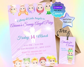 Plantilla de invitación de cumpleaños de Sonny Angel morado: diseño personalizable e imprimible, invitación de cumpleaños de Sonni Angel: diseño PDF editable e imprimible