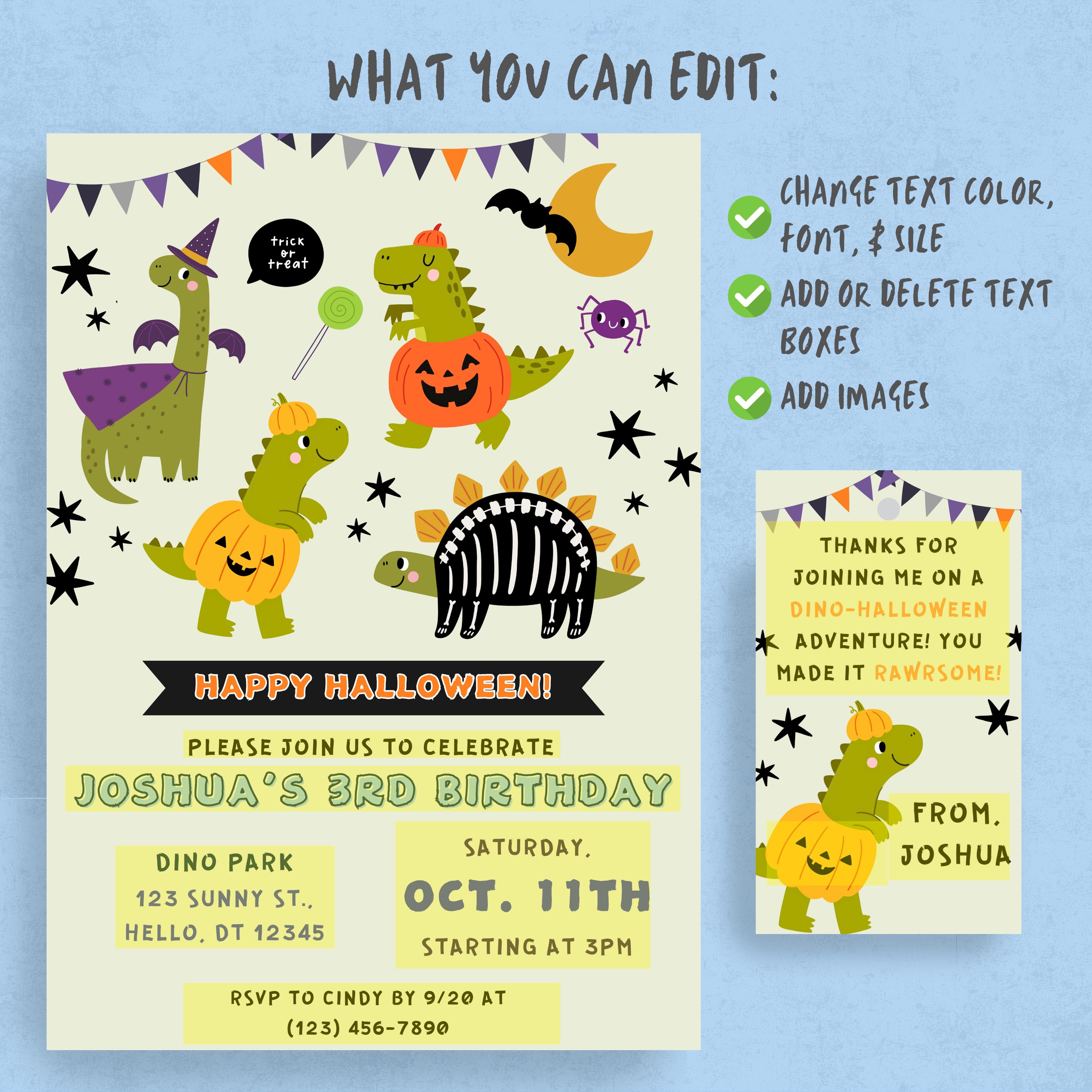 Halloween Dinosaur Birthday Invitation, Printable Editable Template ...