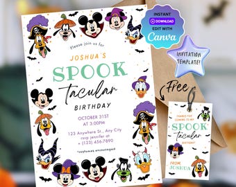 Plantilla de invitación para fiesta de Halloween de Mickey, personalizable e imprimible, descarga instantánea, editable.