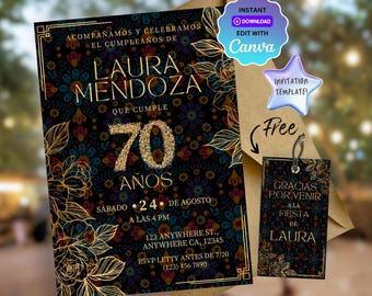 Plantilla de invitación para fiesta de 70 cumpleaños en español, invitación editable para fiesta de cumpleaños en español, invitación mexicana para 70 cumpleaños en español
