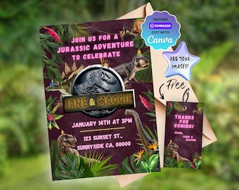 Plantilla de invitación de cumpleaños de dinosaurio para niña en Jurassic Park, invitación para fiesta de dinosaurios para niñas, plantilla imprimible, descarga instantánea