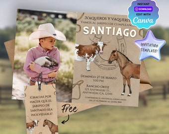 Plantilla imprimible de invitación de cumpleaños occidental de Rancho Jaripeo - invitación a fiesta de vaquero rústico, invitación de cumpleaños occidental personalizable