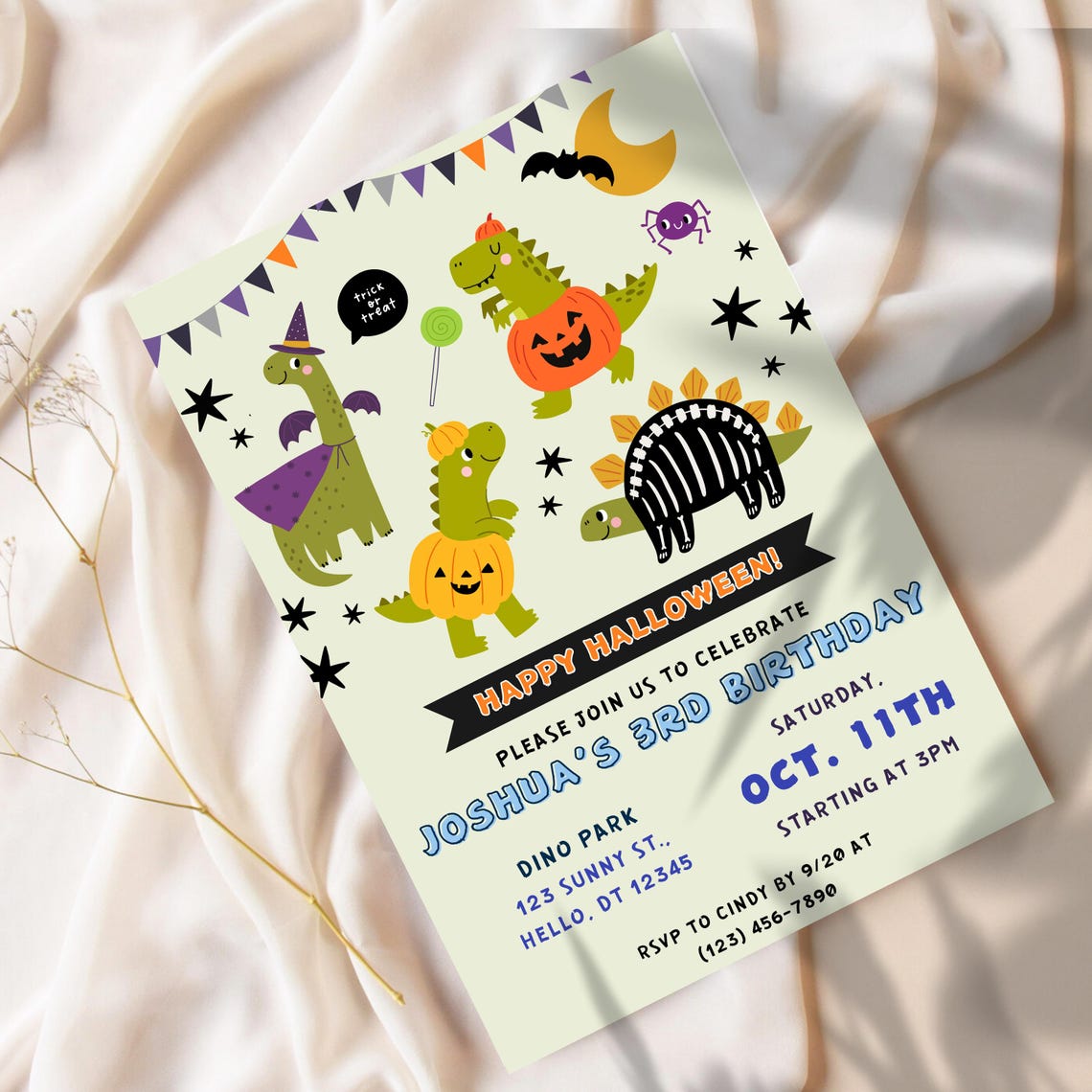 Halloween Dinosaur Birthday Invitation, Printable Editable Template ...