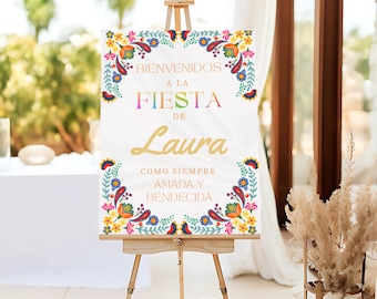 Letrero de bienvenida blanco elegante para fiesta mexicana, letrero de bienvenida para fiesta española, letrero de bienvenida personalizable, decoración para fiesta, descarga instantánea