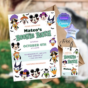 Puede incluir: Un conjunto de invitación y etiqueta con temática de Halloween. La invitación presenta personajes de dibujos animados y el texto "Boogie Bash de Mateo" con detalles del evento. Una pegatina en forma de estrella dice "¡Plantilla de invitación!" y una etiqueta dice "Gracias por venir a mi Boogie Bash."